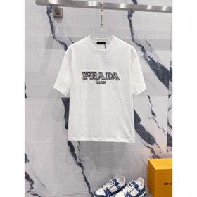 Prada Solid Color Logo Printed Round Neck Pullover Short Sleeve T-Shirt-2837  